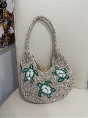 America & Beyond Cream/White/Green Beaded Sea Turtle Accent Shoulder Bag